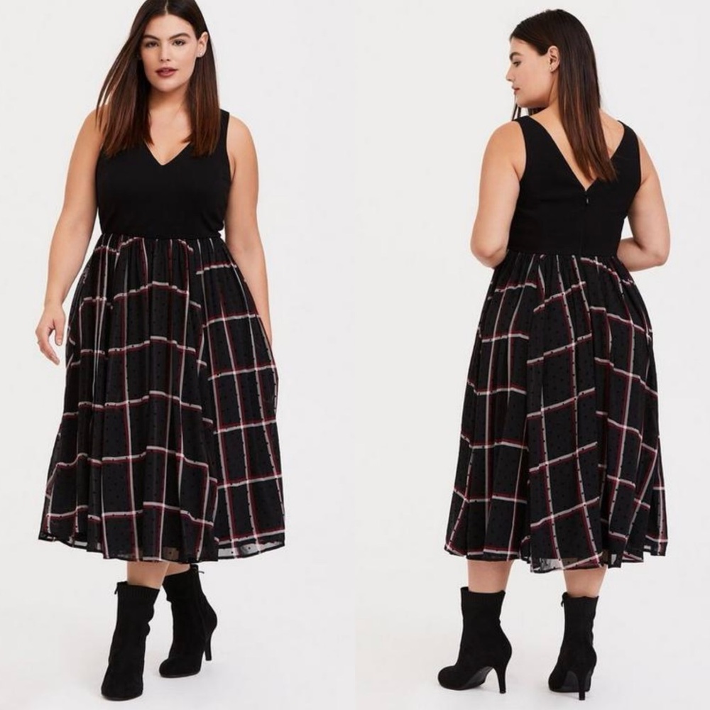Torrid Midi Chiffon Plaid Skirt Mixed Media Skater Dress Black/Red Plus Size 16
